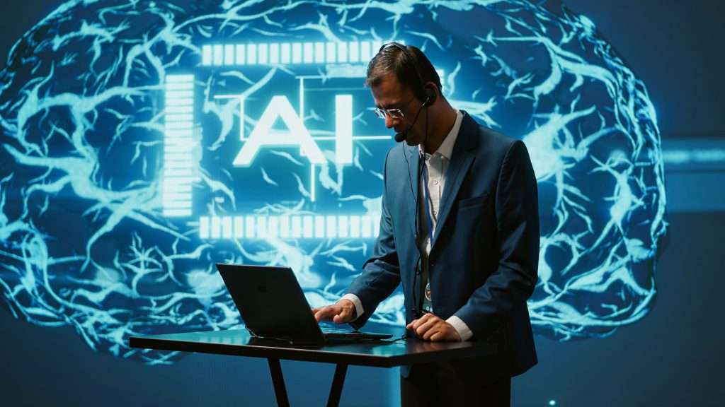 Engineer in artificial intelligence workplace managing call center tasks