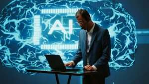 Engineer in artificial intelligence workplace managing call center tasks