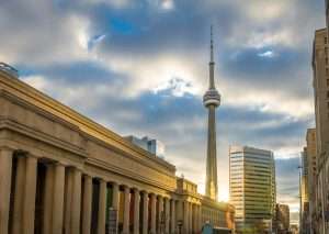 Golden sunset over Union Station and CN Tower - Toronto, Ontario, Canada