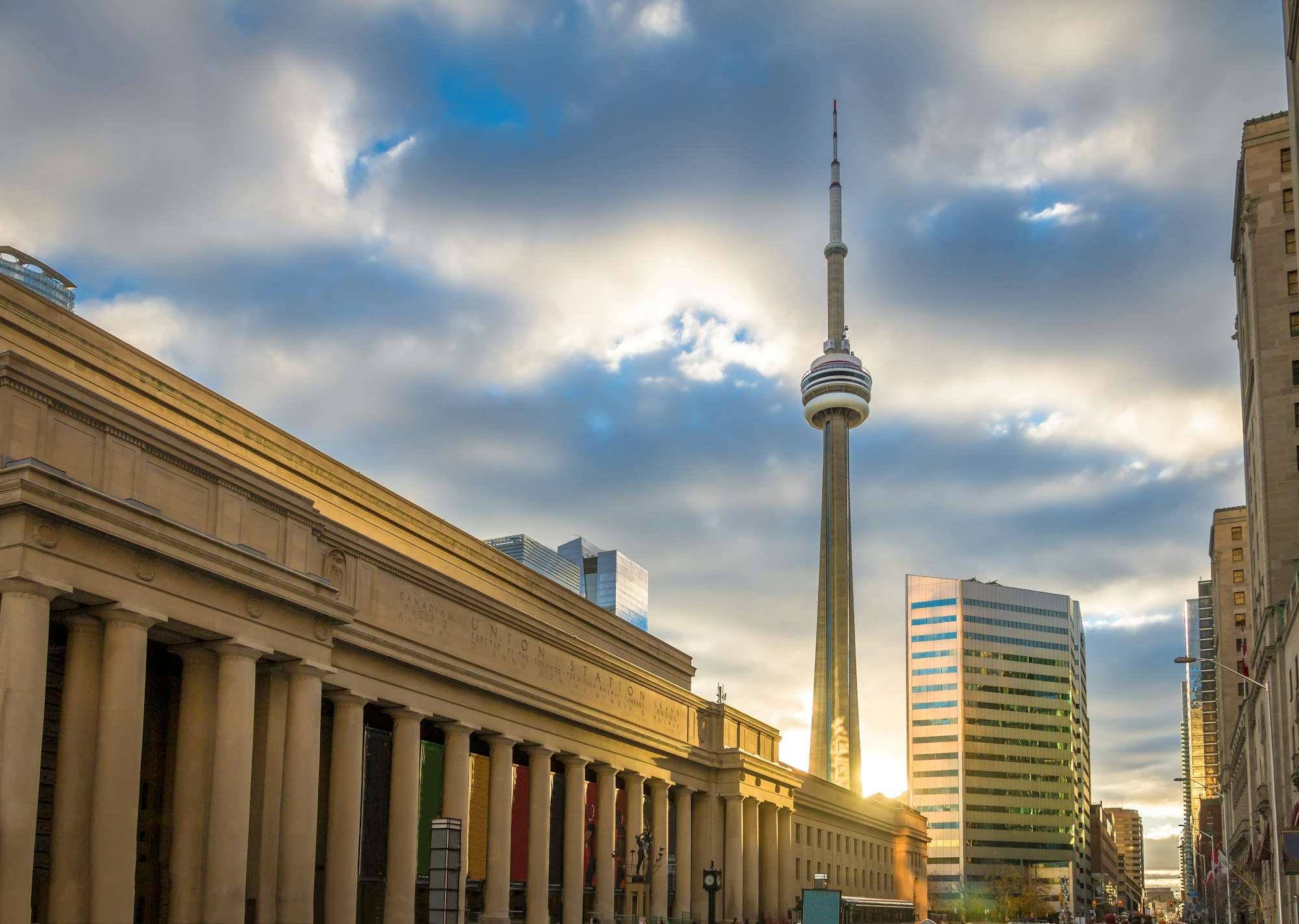 Golden sunset over Union Station and CN Tower - Toronto, Ontario, Canada