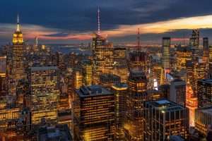 Top Scene of New York City cityscape in lower manhattan at the twilight time, USA downtown skyline