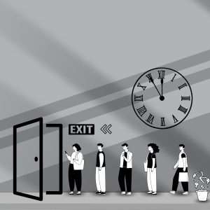 A cartoon of people lined up to exit a building with a clock displayed in the background, illustrating the timing and permanence of a director's resignation