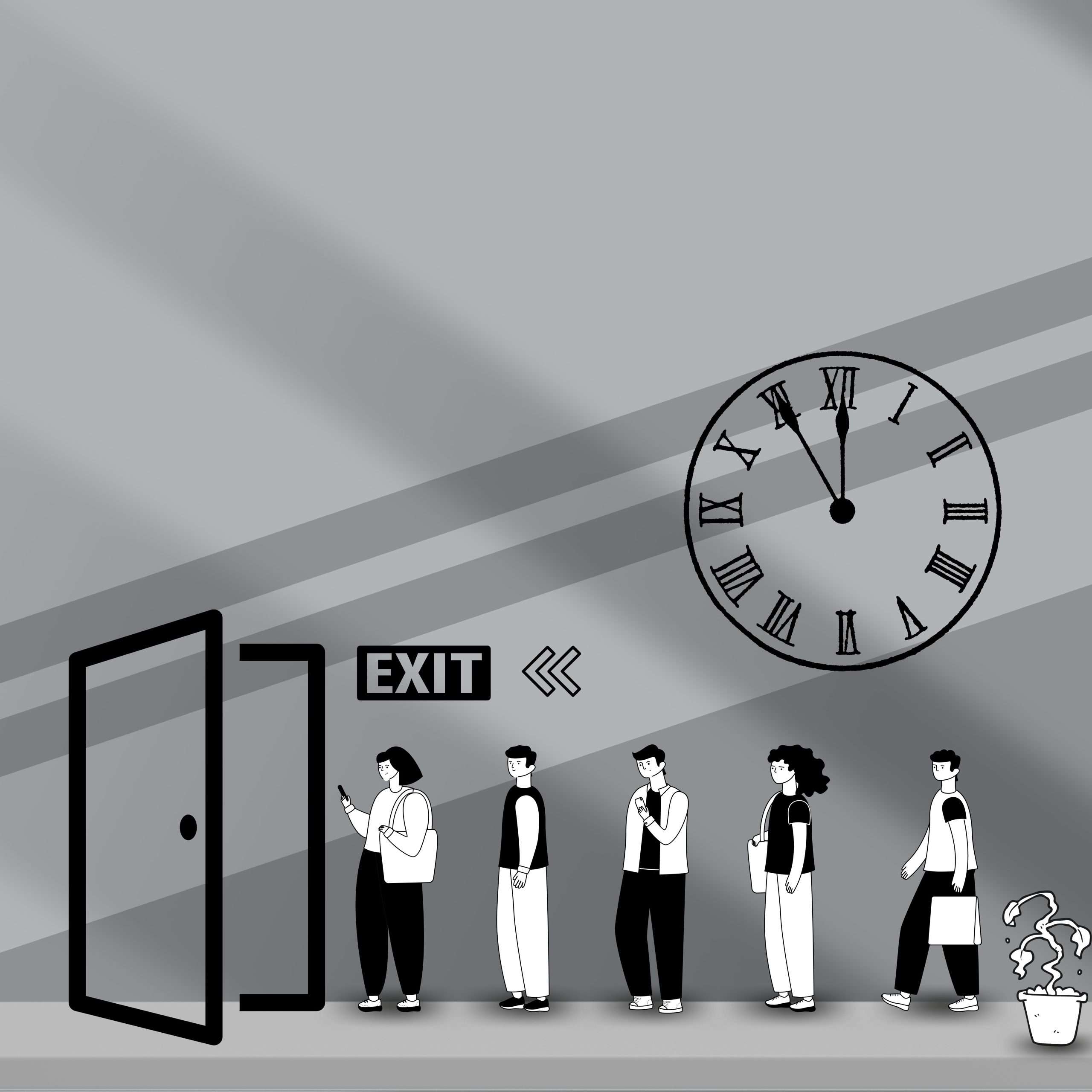 A cartoon of people lined up to exit a building with a clock displayed in the background, illustrating the timing and permanence of a director's resignation