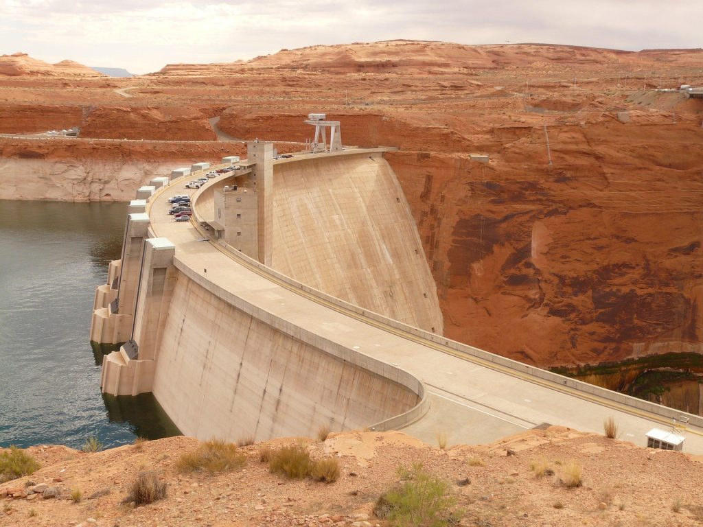 A dam holding back a reservoir of water