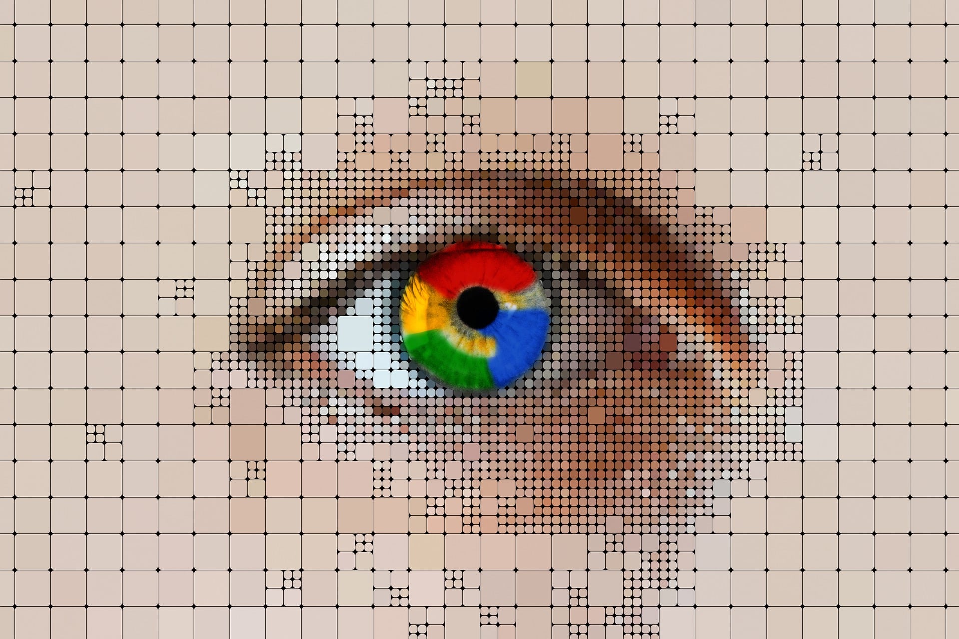 Close-up of an eye with a multicoloured iris over a grid of pixels